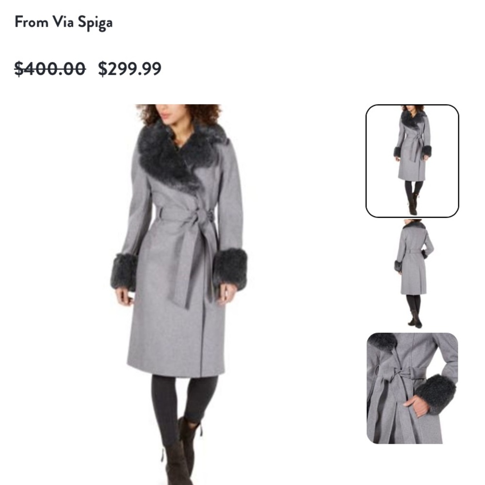 Via Spiga Faux Fur Trim Belted Wrap Coat